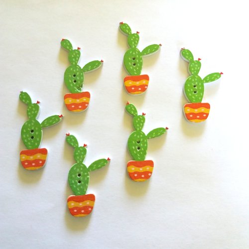 6 boutons fantaisies en bois - cactus vert orange et jaune - bri446 - n°1