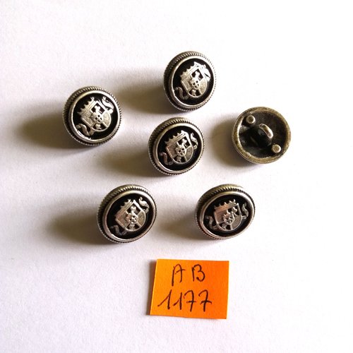 6 boutons en métal argenté et noir avec un blason- ancien - 15mm - ab1177