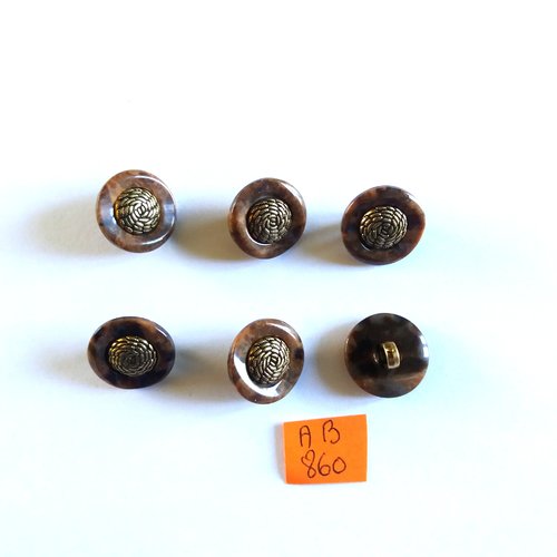 6 boutons en résine marron et doré - 18mm - ab860