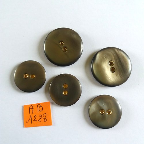 5 boutons en résine marron/gris et doré - 27mm et 22mm - ab1228