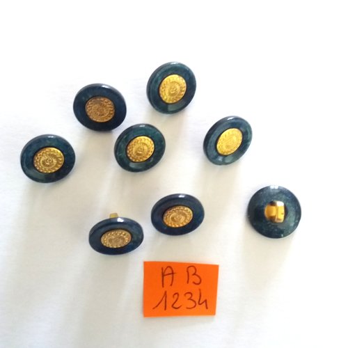8 boutons en résine bleu et doré - 14mm - ab1234