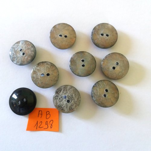 9 boutons en résine gris/taupe - décor floral - 17mm - ab1298