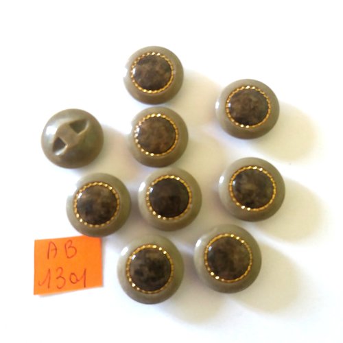 9 boutons en résine taupe et liserai doré - 18mm - ab1301