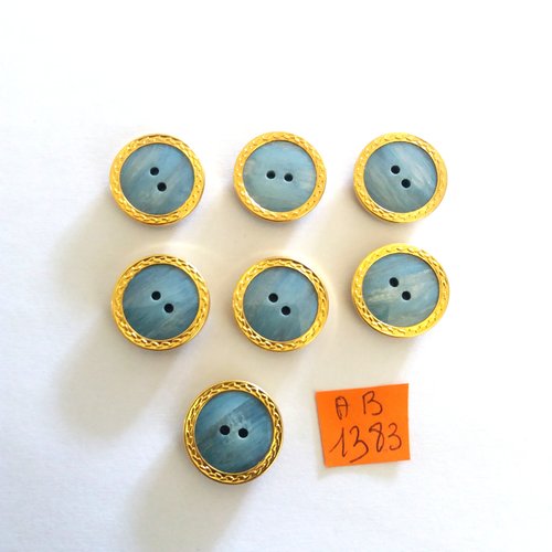 7 boutons en résine bleu et doré - 19mm - ab1383