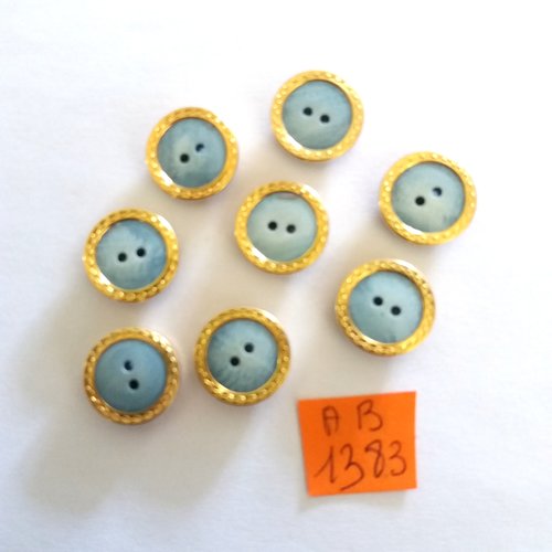 8 boutons en résine bleu et doré - 15mm - ab1383