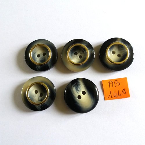 5 boutons en résine noir beige avec un liserai doré - 27mm - ab1449