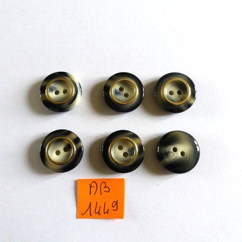 6 boutons en résine noir beige avec un liserai doré - 18mm - ab1449