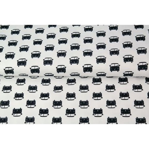 Tissu stenzo popeline de coton - combi hippie vw noir sur fond blanc