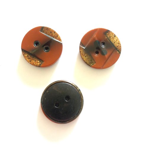 3 boutons en bakélite brique et métal noir - art deco - ancien - 31mm - 1048mp