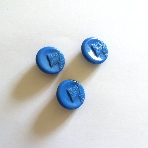 3 boutons en verre bleu - ancien - tete de chien - 23mm - 1097mp