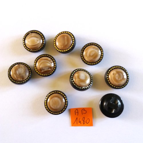 9 boutons en résine beige noir et doré - 18mm - ab1480
