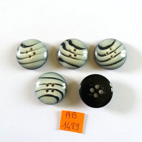5 boutons en résine noir et gris clair - 27mm - ab1489
