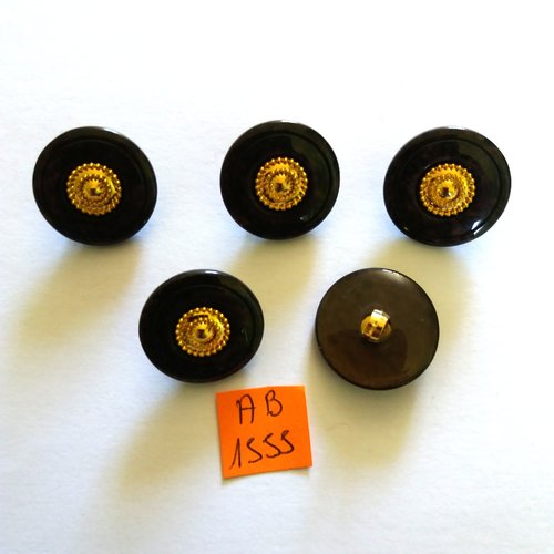 5 boutons en résine marron et doré  - 21mm - ab1555