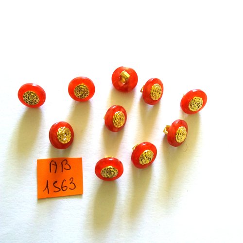10 boutons en résine rouge et doré - 11mm - ab1563