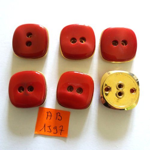 6 boutons en résine rouge et métal doré - 23x23mm - ab1597