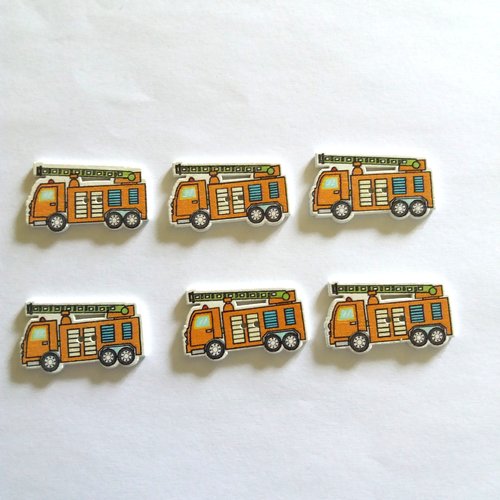 6 boutons fantaisies en bois - camion de pompier orange - 19x32mm - bri452