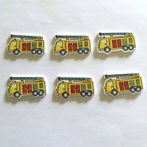 6 boutons fantaisies en bois - camion de pompier jaune - 19x32mm - bri452