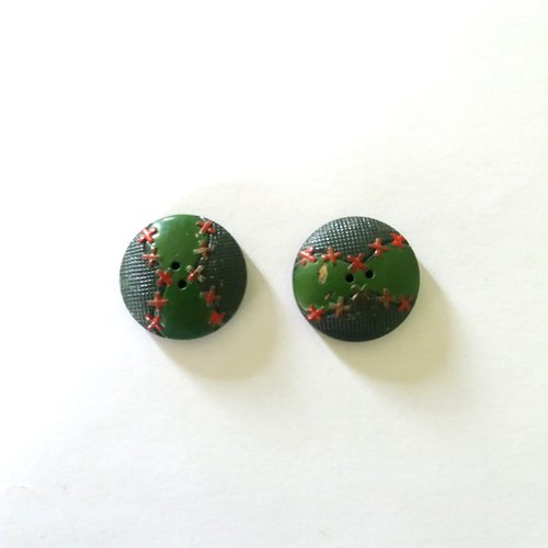 2 boutons en bois vert et rouge - 26mm - ancien - 1201mp
