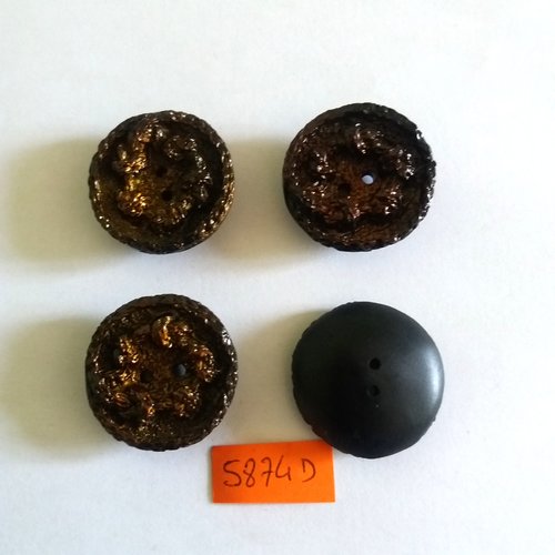 4 boutons en résine marron et doré - vintage - 29mm - 5874d