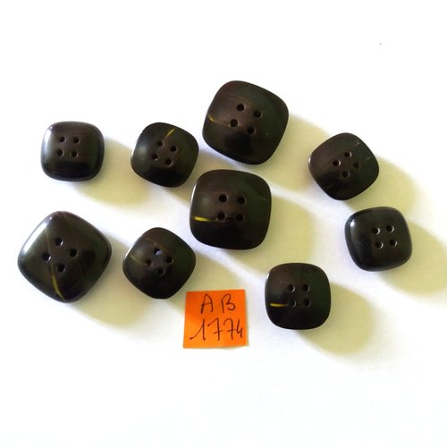 9 boutons en résine marron foncé -  19x19mm et 15x15mm - ab1774
