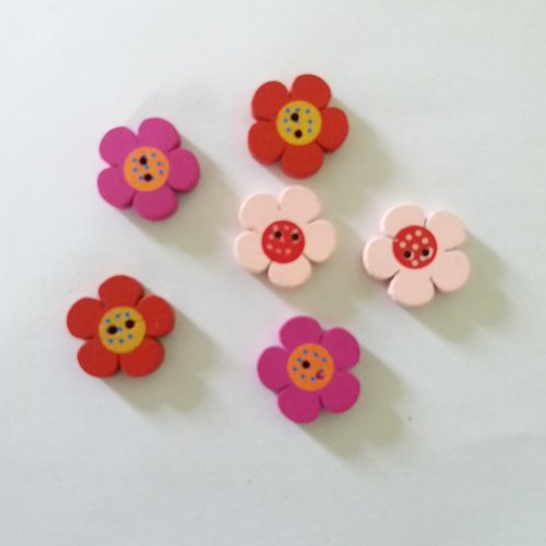 6 boutons fantaisies en bois - fleur rouge rose violet - 19mm - bri458 n°3