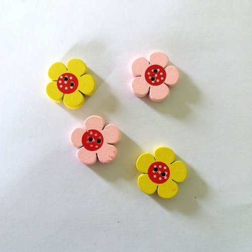 4 boutons fantaisies en bois - fleur rose et jaune - 19mm - bri458 n°4
