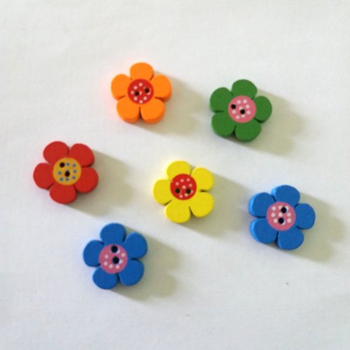 6 boutons fantaisies en bois - fleur multicolore - 19mm - bri458 n°5