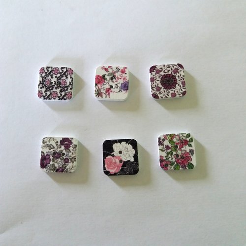 6 boutons fantaisies en bois - fleur multicolore - 15x15mm - bri462 n°4