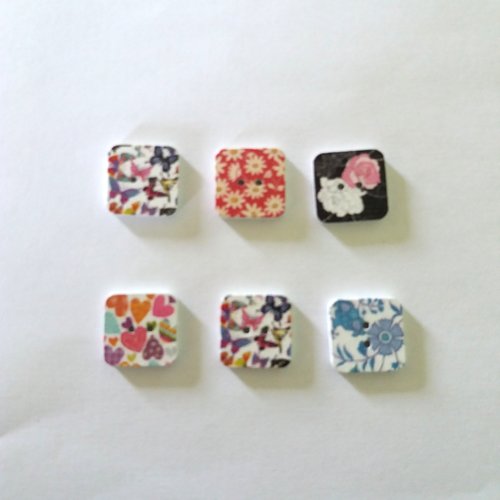 6 boutons fantaisies en bois - fleur papillon et coeur multicolore - 15x15mm - bri462 n°5