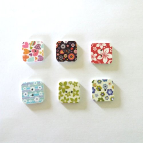 6 boutons fantaisies en bois - fleur coeur multicolore - 15x15mm - bri462 n°6