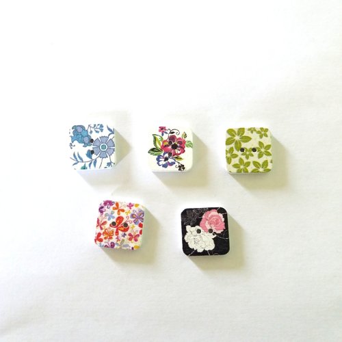 5 boutons fantaisies en bois - fleur multicolore - 15x15mm - bri462 n°7