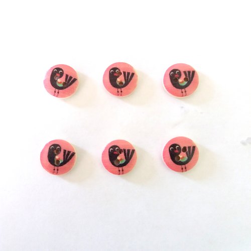 6 boutons fantaisies en bois - fond rose oiseau noir - 15mm - bri465