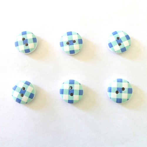 6 boutons fantaisies en bois à carreaux bleu et blanc - 15mm - bri467