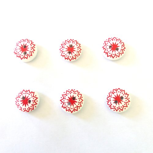 6 boutons fantaisies en bois blanc et rouge - 15mm - bri467