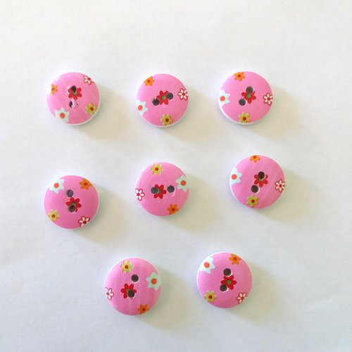 8 boutons fantaisies en bois - fond rose et petite fleur - 15mm - bri467