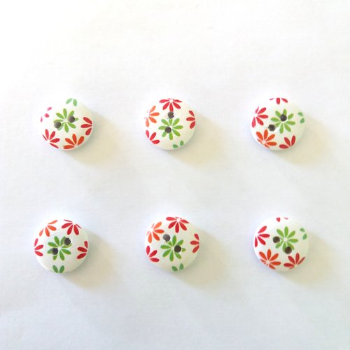 6 boutons fantaisies en bois - fleur vert et rouge sur fond blanc - 15mm - bri467