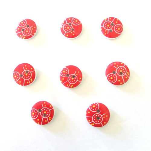 8 boutons fantaisies en bois - rouge et blanc - 15mm - bri467