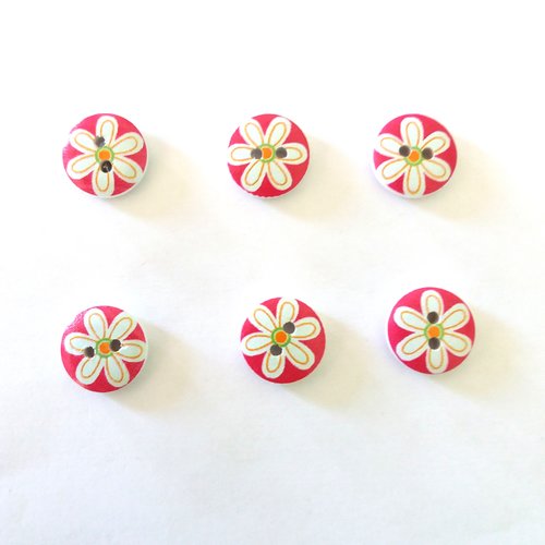 6 boutons fantaisies en bois - fond rouge avec fleur blanche - 15mm - bri467