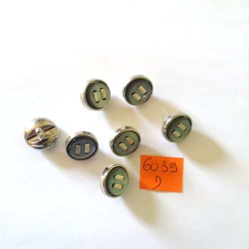 7 boutons en métal argenté et nacre gris - vintage - 15mm - 6039d