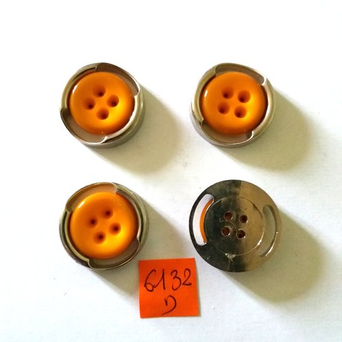 4 boutons en métal argenté et résine  jaune/orangé - vintage - 27mm - 6132d
