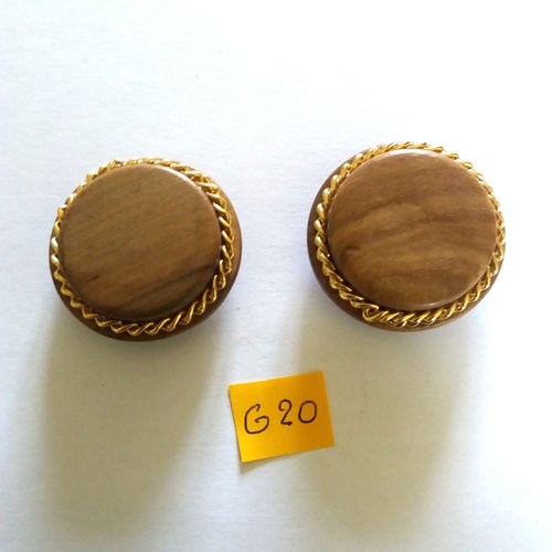 2 boutons peint en bois marron avec une chainette doré - vintage - 34mm - g20