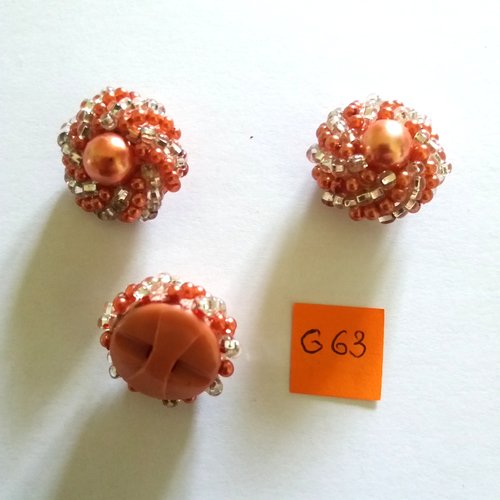 3 boutons en résine rose et perle transparent - vintage - 24mm - g63