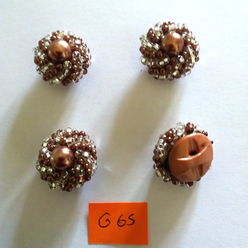 4 boutons en résine marron et perle transparent - vintage - 24mm - g65