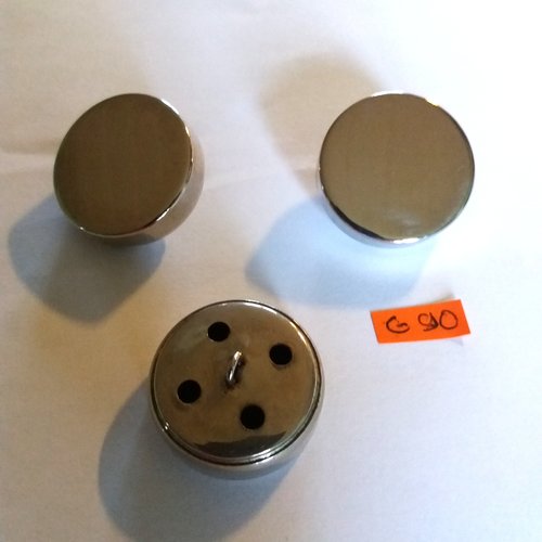 3 boutons en métal argenté - vintage - 32mm - g90
