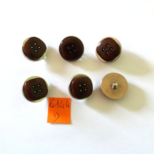 6 boutons en métal argenté et résine marron - vintage - 22mm - 6144d