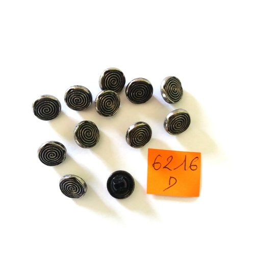 12 boutons en verre noir et gris - vintage - 11mm - 6216d