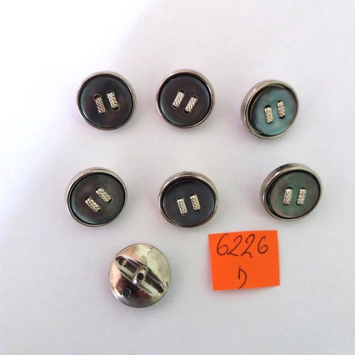 7 boutons en résine argenté et nacre gris - vintage - 18mm - 6226d