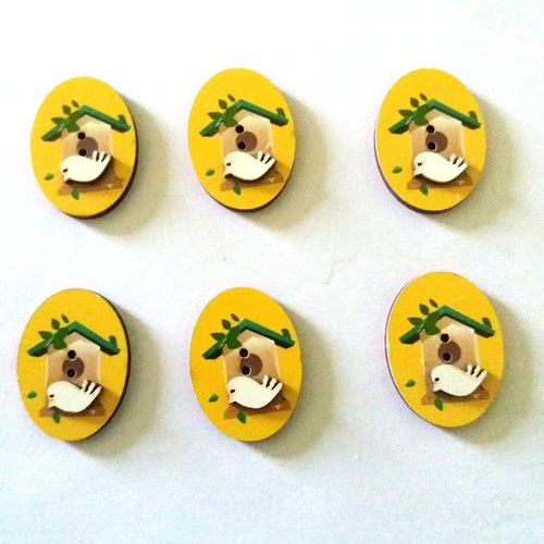 6 boutons fantaisies en bois - oiseau dans une cage - fond jaune - 31x24mm - f2
