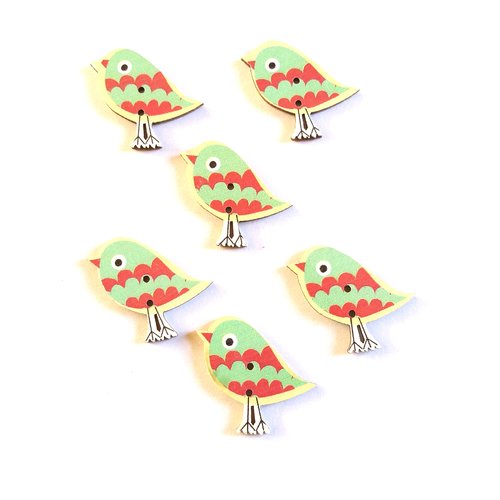 6 boutons fantaisies en bois - oiseaux - vert et rouge - 26x30mm - f1 n°1