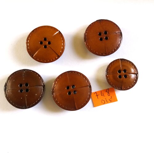 5 boutons en cuir marron - vintage - 28mm et 23mm - 748div